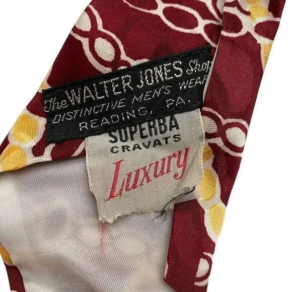 Superba Mens Tie Swing Vtg 1940s Abstract Wide Maroon Yellow Ivory Rockabilly